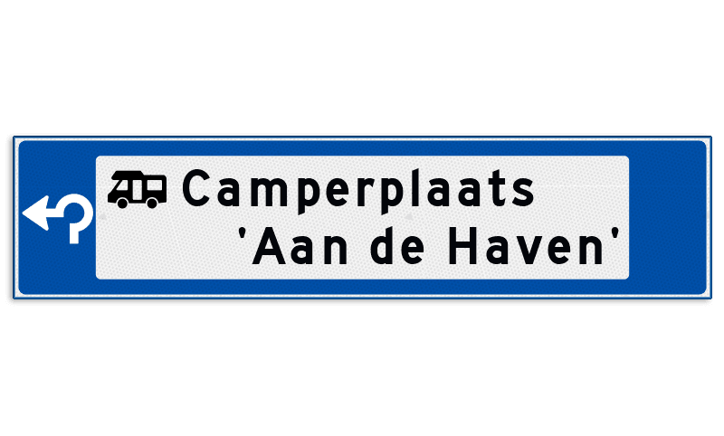 Verwijsbord object (blauw) - met 1 pictogram, 2 regel tekst en pijl