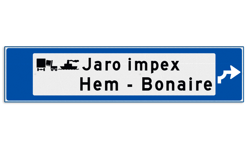 Verwijsbord object (blauw) - met 2 pictogrammen, 2 regel tekst en pijl