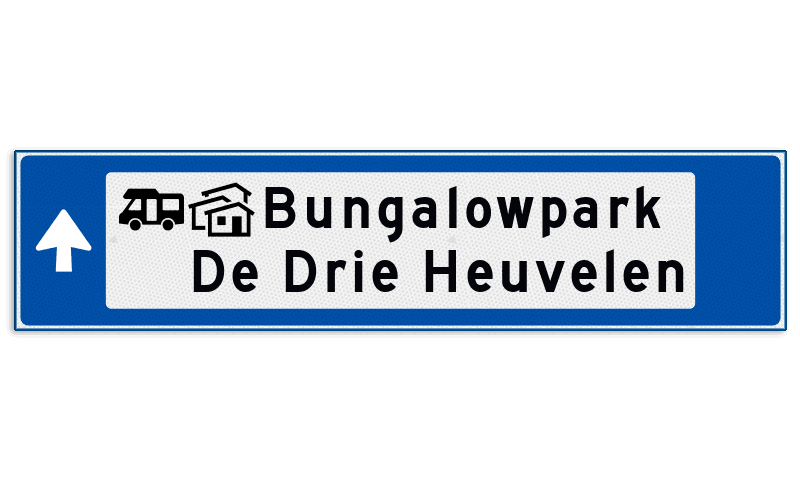 Verwijsbord object (blauw) - met 2 pictogrammen, 2 regel tekst en pijl