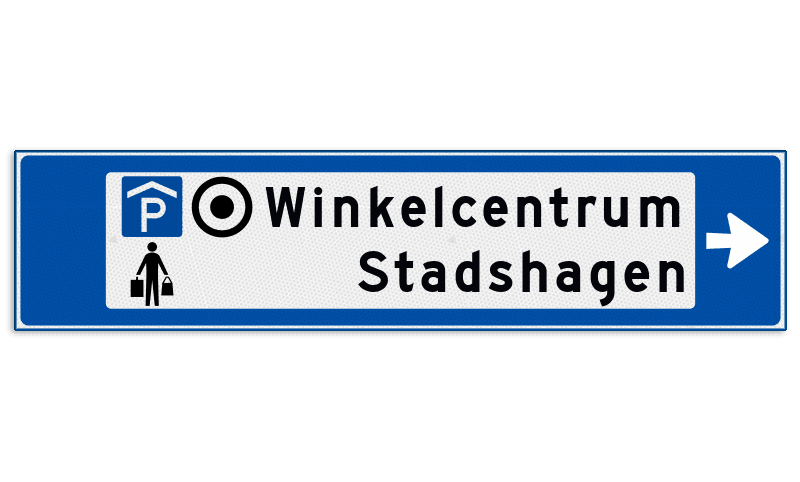 Verwijsbord object (blauw) - met 3 pictogrammen, 2 regel tekst en pijl