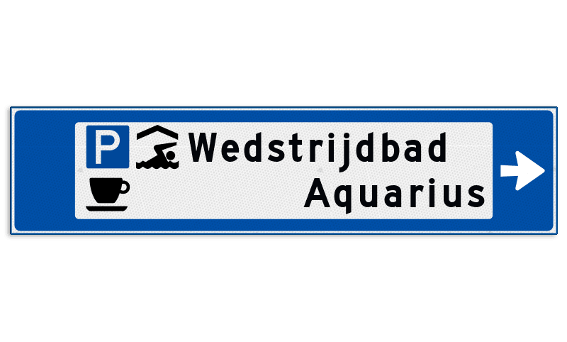 Verwijsbord object (blauw) - met 3 pictogrammen, 2 regel tekst en pijl