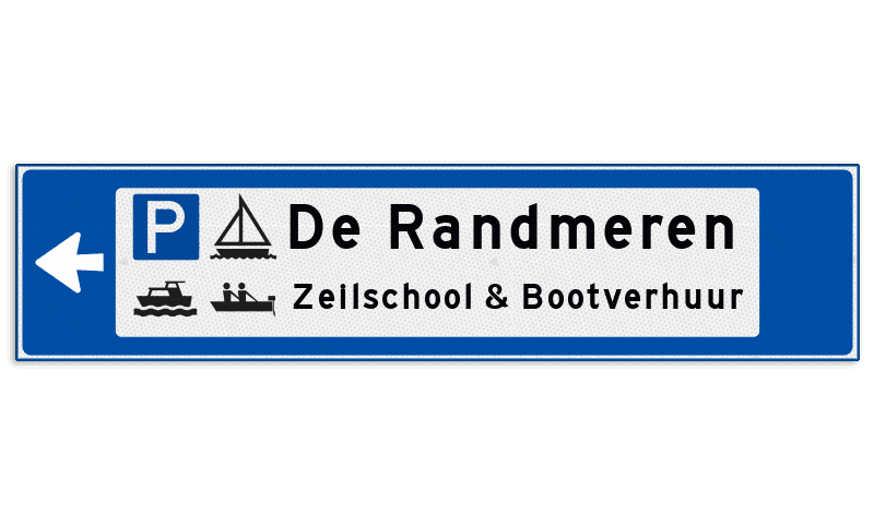 Verwijsbord object (blauw) - met 2 pictogrammen, 2 regel tekst en pijl