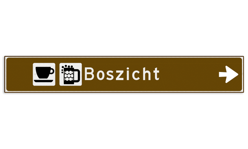 Verwijsbord toeristisch (bruin) - met 2 pictogrammen, 1 regel tekst en pijl