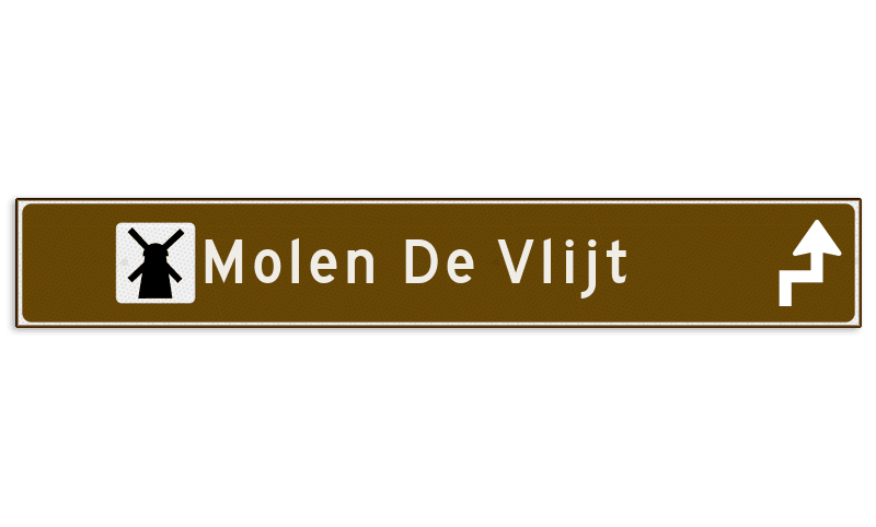Verwijsbord toeristisch (bruin) - met 1 pictogram, 2 regels tekst en pijl