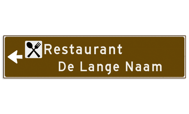 Verwijsbord toeristisch (bruin) - met 1 pictogram, 2 regels tekst en pijl