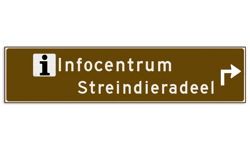 Verwijsbord toeristisch (bruin) - met 1 pictogram, 2 regels tekst en pijl