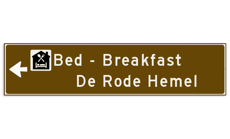 Verwijsbord toeristisch (bruin) - met 1 pictogram, 2 regels tekst en pijl