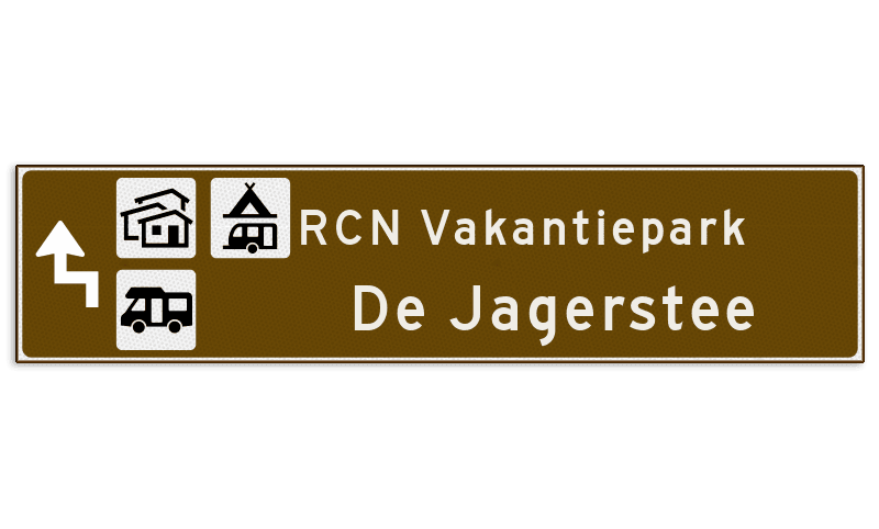 Verwijsbord toeristisch (bruin) - met 3 pictogrammen, 2 regels tekst en pijl