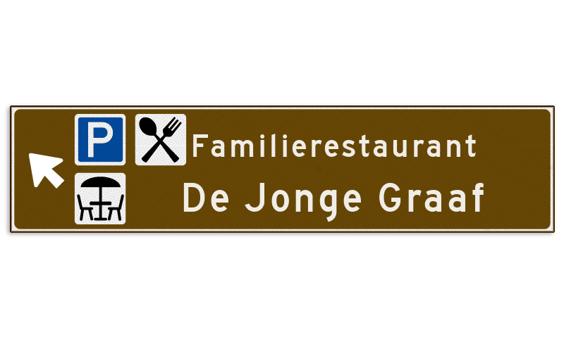 Verwijsbord toeristisch (bruin) - met 3 pictogrammen, 2 regels tekst en pijl