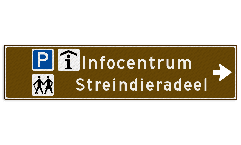 Verwijsbord toeristisch (bruin) - met 3 pictogrammen, 2 regels tekst en pijl