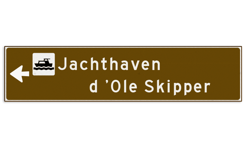 Verwijsbord toeristisch (bruin) - met 1 pictogram, 2 regels tekst en pijl