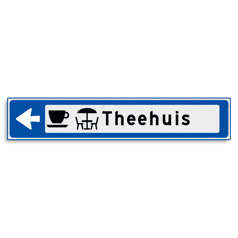 Verwijsbord KOKER Blauw/wit/zwart - pijl links, met 2 pictogrammen - Klasse 3 reflecterend