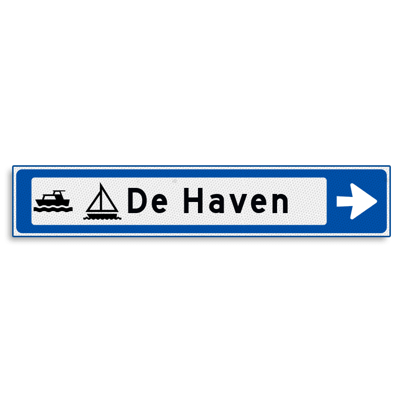 Verwijsbord KOKER Blauw/wit/zwart - pijl rechts, met 2 pictogrammen - Klasse 3 reflecterend