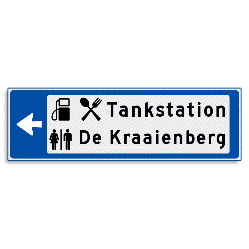 Verwijsbord KOKER Blauw/wit/zwart - pijl links, 2 regelig met 3 pictogrammen - Klasse 3 reflecterend