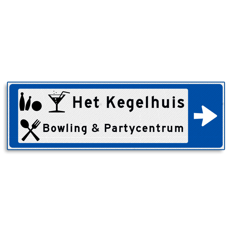 Verwijsbord KOKER Blauw/wit/zwart - pijl rechts, 2 regelig met 3 pictogrammen - Klasse 3 reflecterend