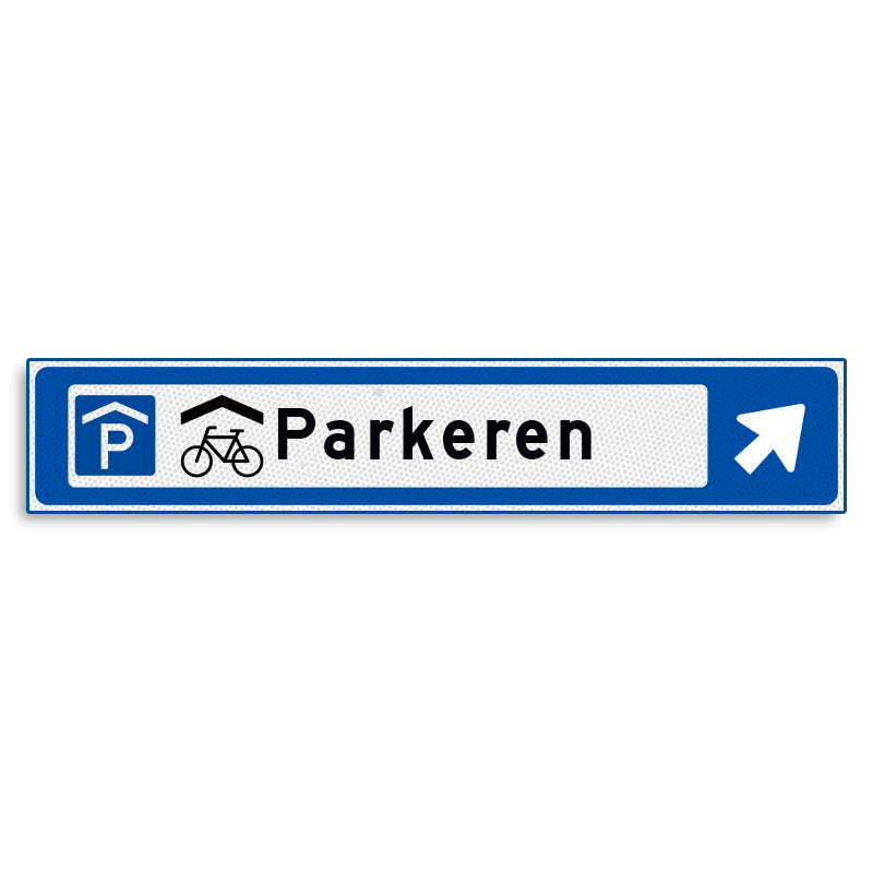 Verwijsbord KOKER Blauw/wit/zwart - pijl rechts, met 2 pictogrammen - Klasse 3 reflecterend