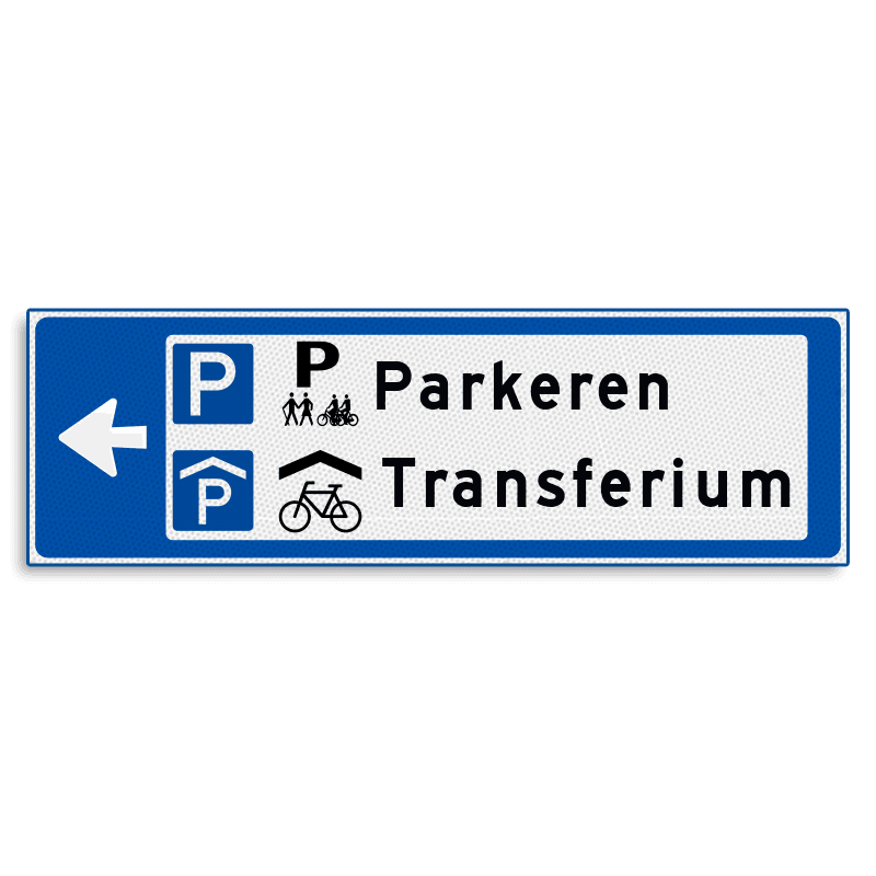 Verwijsbord KOKER Blauw/wit/zwart - pijl links, 2 regelig met 4 pictogrammen - Klasse 3 reflecterend