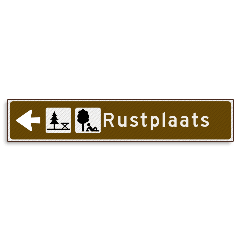 Verwijsbord KOKER Bruin/wit/zwart - pijl links, met 2 pictogrammen - Klasse 3 reflecterend