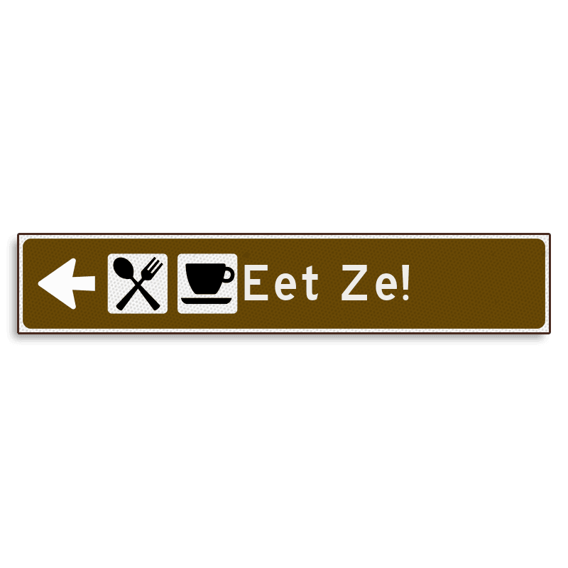 Verwijsbord KOKER Bruin/wit/zwart - pijl links, met 2 pictogrammen - Klasse 3 reflecterend
