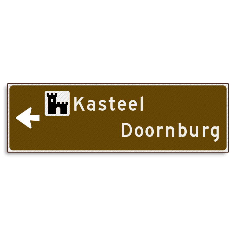 Verwijsbord KOKER Bruin/wit/zwart - pijl links, 2 regelig met 1 pictogram - Klasse 3 reflecterend