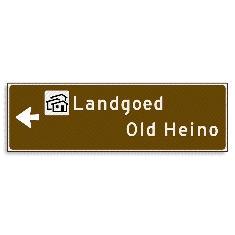 Verwijsbord KOKER Bruin/wit/zwart - pijl links, 2 regelig met 1 pictogram - Klasse 3 reflecterend