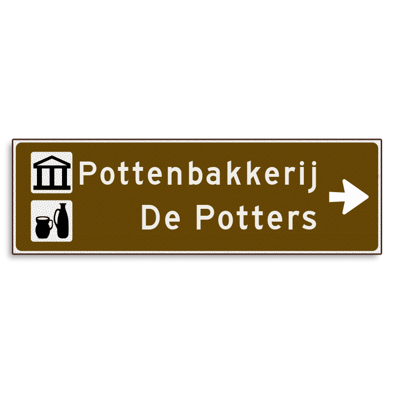 Verwijsbord KOKER Bruin/wit/zwart - pijl rechts, 2 regelig met 2 pictogrammen - Klasse 3 reflecterend