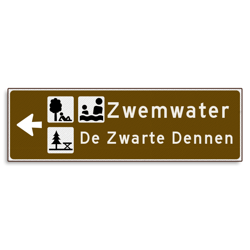 Verwijsbord KOKER Bruin/wit/zwart - pijl links, 2 regelig met 3 pictogrammen - Klasse 3 reflecterend