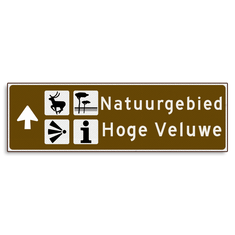 Verwijsbord KOKER Bruin/wit/zwart - pijl links, 2 regelig met 4 pictogrammen - Klasse 3 reflecterend