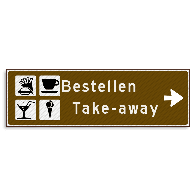 Verwijsbord KOKER Bruin/wit/zwart - pijl rechts, 2 regelig met 4 pictogrammen - Klasse 3 reflecterend