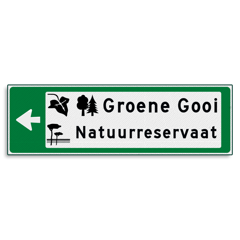 Verwijsbord KOKER Groen/wit/zwart - pijl links, 2 regelig met 3 pictogrammen - Klasse 3 reflecterend