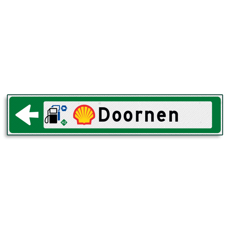 Verwijsbord KOKER Groen/wit/zwart - pijl links, met 2 pictogrammen - Klasse 3 reflecterend