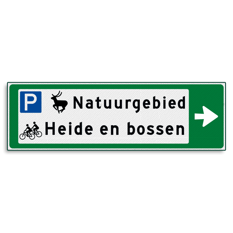 Verwijsbord KOKER Groen/wit/zwart - pijl rechts, 2 regelig met 3 pictogrammen - Klasse 3 reflecterend