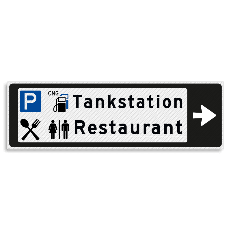 Verwijsbord KOKER Zwart/wit/zwart - pijl rechts, 2 regelig met 4 pictogrammen - Klasse 3 reflecterend