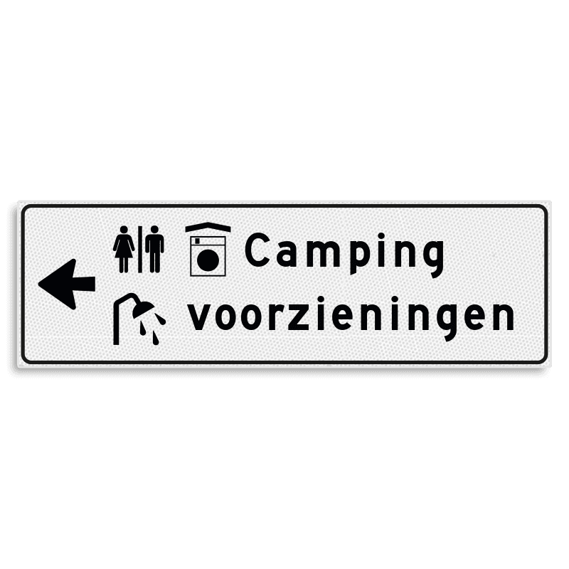 Verwijsbord KOKER Wit/zwart - pijl links, 2 regelig met 3 pictogrammen - Klasse 3 reflecterend