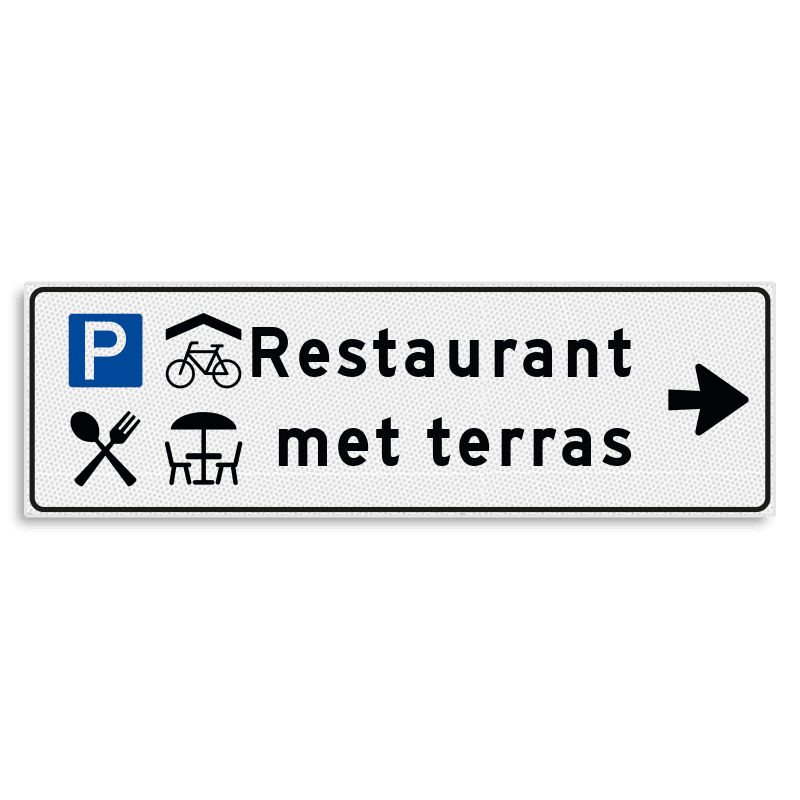 Verwijsbord KOKER Wit/zwart - pijl rechts, 2 regelig met 4 pictogrammen - Klasse 3 reflecterend