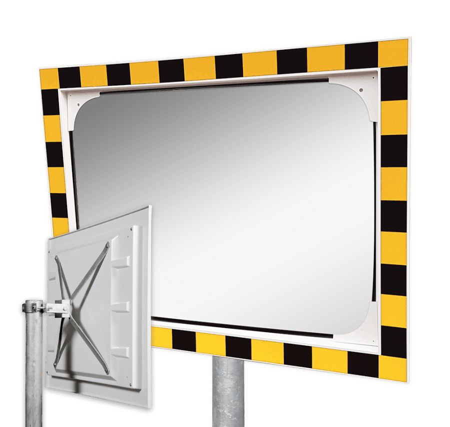 Miroir industriel rectangulaire en acrylique 800 x 600 mm avec cadre jaune/noir