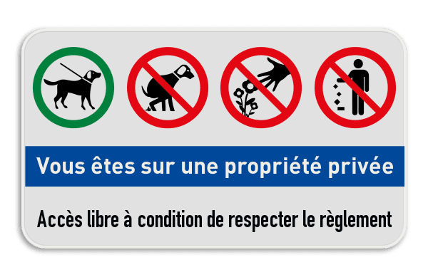 Panneau combiné - Propriété privée - Chien en laisse - Excréments de chiens interdit - Jet de détritus interdit