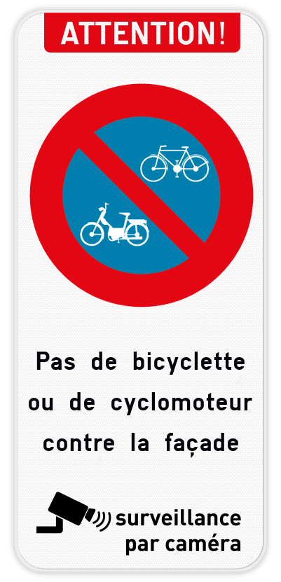 Panneau Attention – Vélo Interdit – Texte Personnalisé – Zone Sous Vidéosurveillance