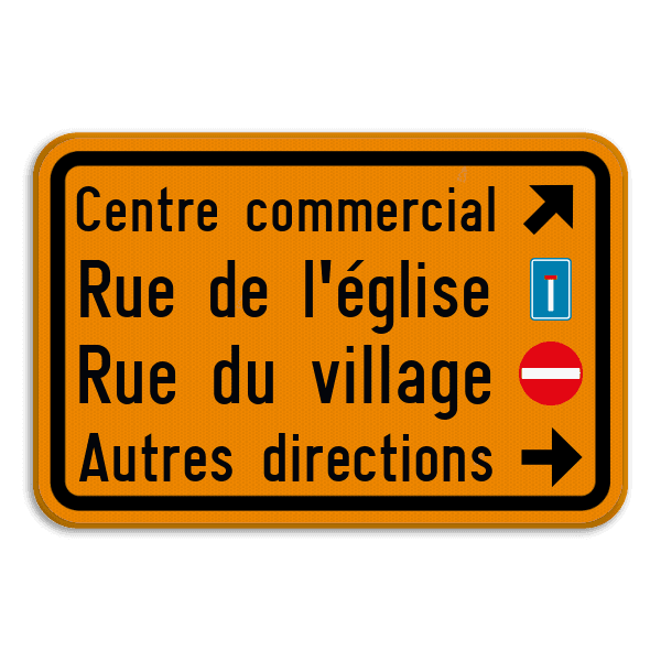 Panneau de signalisation - F39 - 4 blocs de texte + pictogrammes