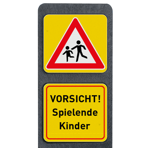 Pfosten aus Recyclingkunststoff mit 2 reflektierender Schilder - VORSICHT! Spielende Kinder