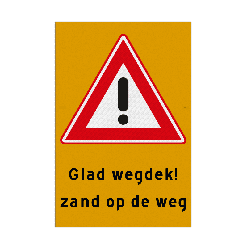 Vlak Waarschuwingsbord glad wegdek i.v.m. zand op de weg