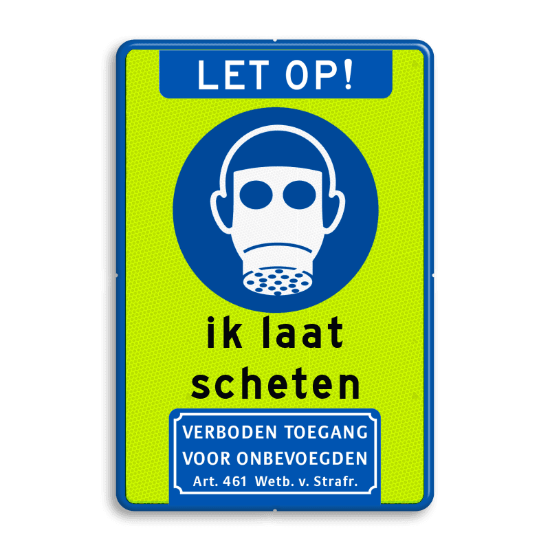 Grappig verkeersbord met tekst ik laat scheten en pictogram gasmasker