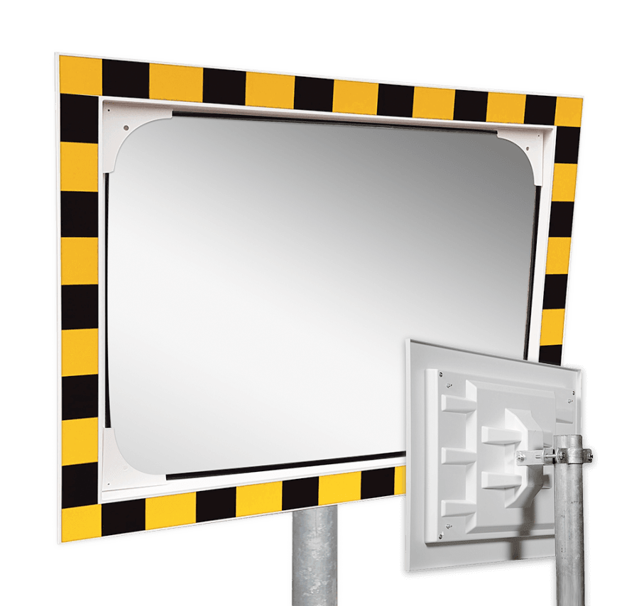 Miroir industriel rectangulaire en acrylique 600 x 400 mm avec cadre jaune/noir