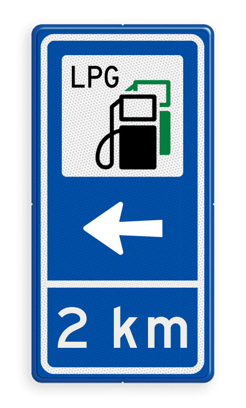 Verkeersbord aanduiding tankstation met LPG, pijl en afstand