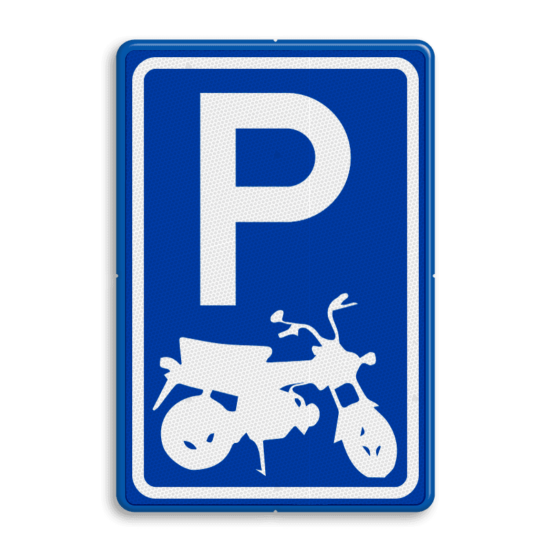 Rechthoekig parkeerbord met P en eigen pictogram brommer