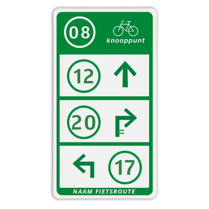 Fietsknooppunt routebord met knooppunt en 3 verwijzingen - 300x550mm