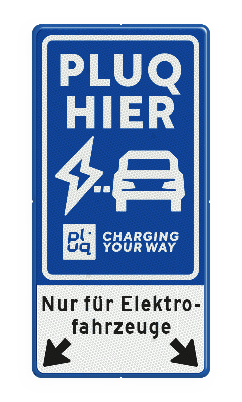 Verkeersbord oplaadpunt met tekst en pijlen - huisstijl Pluq (DE) - reflecterend