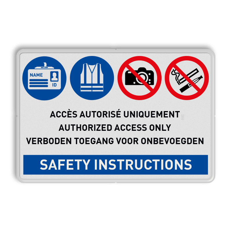 Veiligheidsbord 3 talig met 4 pictogrammen, eigen tekst en SAFETY INSTRUCTIONS