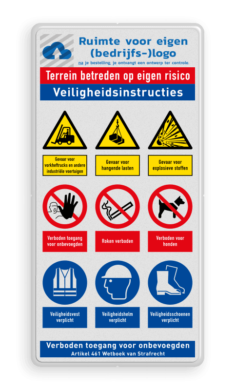 Veiligheidsbord met logo, veiligheidsinstructies en 9 pictogrammen