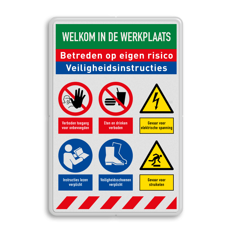 Veiligheidsbord voor werkplaats met veiligheidsinstructies en 6 pictogrammen